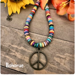Peace Sign Necklace/Bone Beaded Necklace//Beaded Peace sign Necklace //Boho hippie jewelry/Peace necklace/Peace symbol jewelry