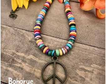 Peace Sign Necklace/Bone Beaded Necklace//Beaded Peace sign Necklace //Boho hippie jewelry/Peace necklace/Peace symbol jewelry