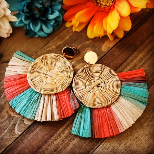 Boho Raffia Earrings/Raffia Earrings/Statement Earrings/Festive Earrings/Beach Earrings/Fan Earrings/Geometric Earrings/Straw Tassel