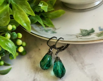 Victorian Emerald Green Earrings: Gunmetal Leverback Hooks