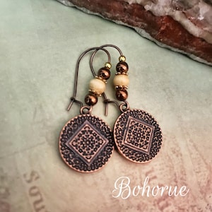Handcrafted Copper Dangle Drop  Earrings/Medallion Charm/Boho Jewelry