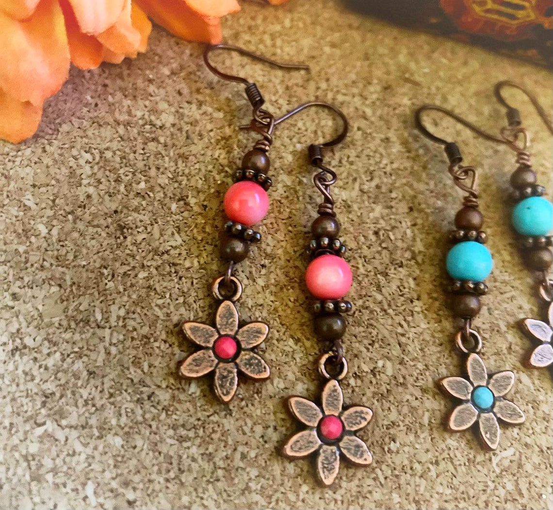 Copper Flower Earrings/flower Earrings/copper Earrings/boho Etsy