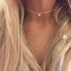 Gold Beaded Necklace/Gold Beaded Choker/Dainty Gold Disc Choker/Beaded Choker/Layering Choker/Layering necklace/Disc Choker