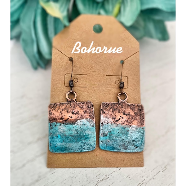 Hammered Copper Earrings: Hand-Painted Turquoise Boho Jewelry