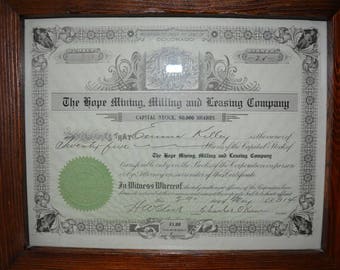 Stock Certificate from Colorado Hope Mining Company Framed