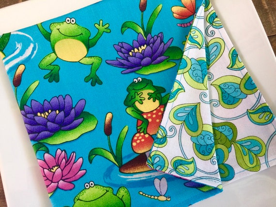 Blue Floral Cloth Napkins Double Sided Old Town Square Cotton Fabric Reversible Eco Friendly Set of 4
