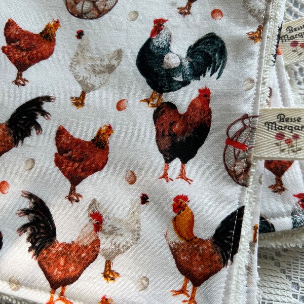 Chickens, Roosters & Eggs-Farmhouse Deluxe Terry Dish/Tea Towel on  Ivory.