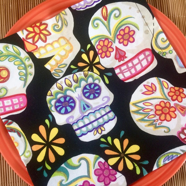 Fall Cloth Napkins-Sugar Skulls-Day of The Dead-Large Dinner Set-Bright Colors & Glitter.