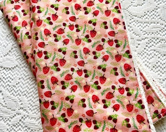 Vintage Farmhouse Strawberry Blossoms on Peachy Pink- Designer Terry Cloth Tea Towel.