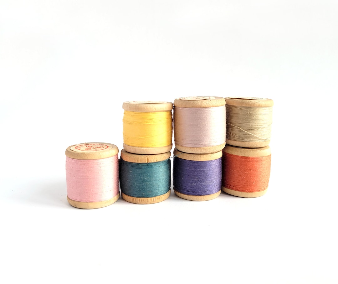 Thread 80s Vintage Wooden Thread Spools, Multicolored Cotton, 1970s-80s, Set of 7 ...