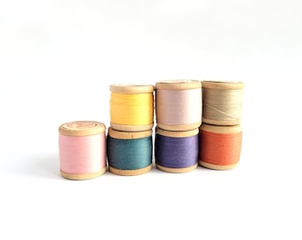 Vintage Wooden Thread Spools, Multicolored Cotton, 1970s-80s, Set of 7