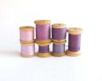 Vintage Wooden Spools, Purple Cotton Thread, Sewing Supplies, 1970s-80s, Set of 7