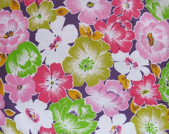Vintage Floral Cotton Fabric, Pink, Red, Green, USSR Textile (2.2 Yards)