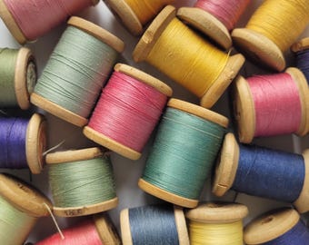 Vintage Wooden Spools, Cotton Thread, 1970s-80s, Set of 5