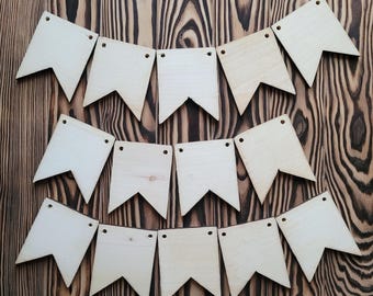 Set of 14 Unfinished Wooden flags, 8 cm x 9.5 cm, Nursery decor, Natural Wood, Wooden Cut Out Shapes, Wooden supplies