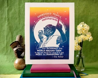 Limited Edition Hand-Printed Linocut 11"x14" Portrait of Inspirational Justice Organizer Ella Baker in Radial or Horizontal Color Gradient