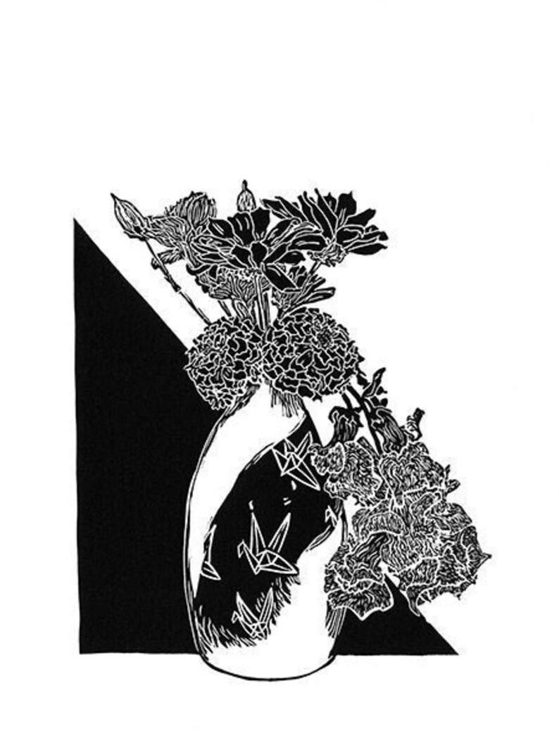 Bold black and white original linoleum block print of floral still life bouquet in a patterned vase.