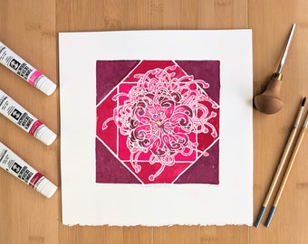 One-of-Kind Hand-Painted Floral Abstract Woodblock Print in Hot Pink and Carmine Red Original Artwork / Anniversary Gift for Flower Lovers