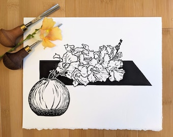 Floral Linocut Print: Chantilly Lace Snapdragons, Art Deco Vase