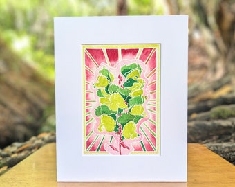 Spring Green and Deep Rose Botanical Watercolor Woodblock Monoprint of Snapdragon Flowers Original Provincetown Print MAT INCLUDED
