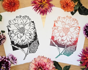 Dahlia Linocut Print: Handmade Floral Artwork, Black and White or Scarlet Rainbow