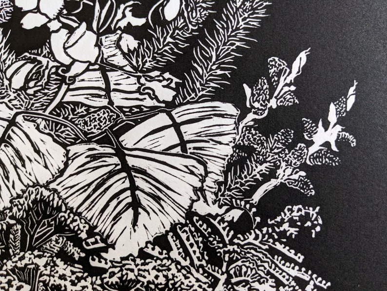 Leaf Pattern Linoleum Original Linoleum Block Linocut Floral Contemporary Wall Art Black and ...