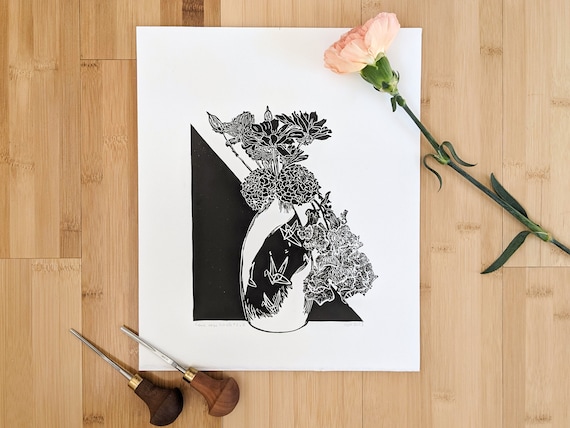 Floral Linocut Print: Crane Vase Still Life, Geometric Black & White Design