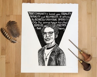 Pauli Murray "True Community" Inspirational Black and White Linocut Portrait of Justice Organizer with Quote, Original Art Gift for Teachers