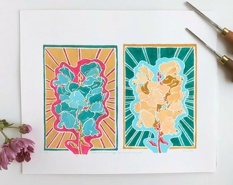 Teal Blue, Yellow and Magenta Diptych Composition Gouache Original Woodblock Print of Snapdragon Flowers Unique Anniversary Gift