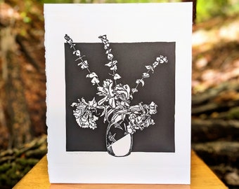 Crane Vase Still Life #1 Dramatic Geometric Black and White Art Floral Design Handmade Linoleum Block Print Gift for Artists