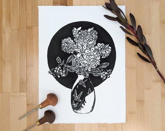 Crane Vase Still Life #3 Linocut Floral Print in Black and White Original Handmade Art Housewarming Gift for Aquarius Pisces Flower Lovers