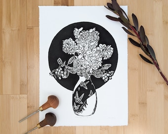 Handmade Linocut Floral Original Art "Crane Vase Still Life #3" in Black and White Daffodil Manzanita Intricate Design Housewarming Gift
