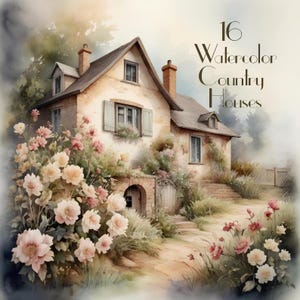 16 Country Cottage Clipart Watercolor Graphics - Printable Scrapbooking, Journals, greeting Cards