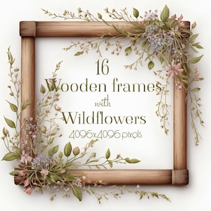 16 Molduras de madeira com clipart de aquarela de flores silvestres, JPG de alta qualidade, convite de casamento, scrapbooking, diários