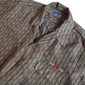 Men&#39;s Vintage Phat Farm Silk Shirt, XL // Oversized Patterned Silk Button Up // Tan, Grey, Beige Long Sleeve Shirt