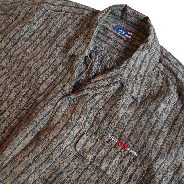Men's Vintage Phat Farm Silk Shirt, XL // Oversized Patterned Silk Button Up // Tan, Grey, Beige Long Sleeve Shirt