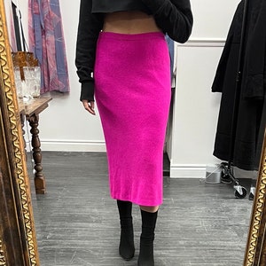 Vintage Fuscia Angora MIDI Skirt, Medium/Large // Lambswool Pink Pencil Skirt // Wool Long Skirt //