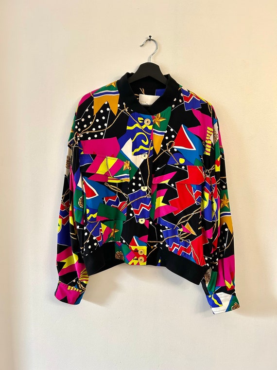 Vintage 80s Silk Printed Bomber, Size 14 // Geometric Print