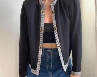 Vintage 80s Black Knit Sweater, Large // Open Front Sweater // Cardigan // Long Sleeve Jumper // Gold Buttons // Made in USA