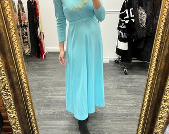 Vintage 70's Teal Belted Maxi Dress, Small/Medium // Long Sleeve V Neck Dress // Blue long dress with Floral appliqué