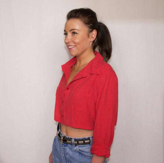 Red Cropped Silk Shirt, Size Medium // Women's Crop Top // Red Crop // Women's Button Up Shirt // Red Top // 90's Crop Top //