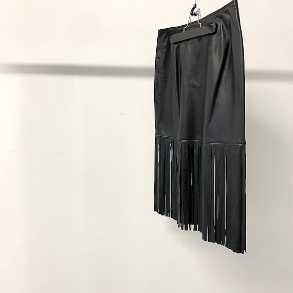 Vintage Black Leather Fringed Skirt, Sz 29, medium