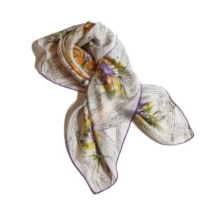Vintage Floral Print Silk Scarf // White, Yellow, Purple Silk Scarf // Patterned Scarf // Gifts for Her