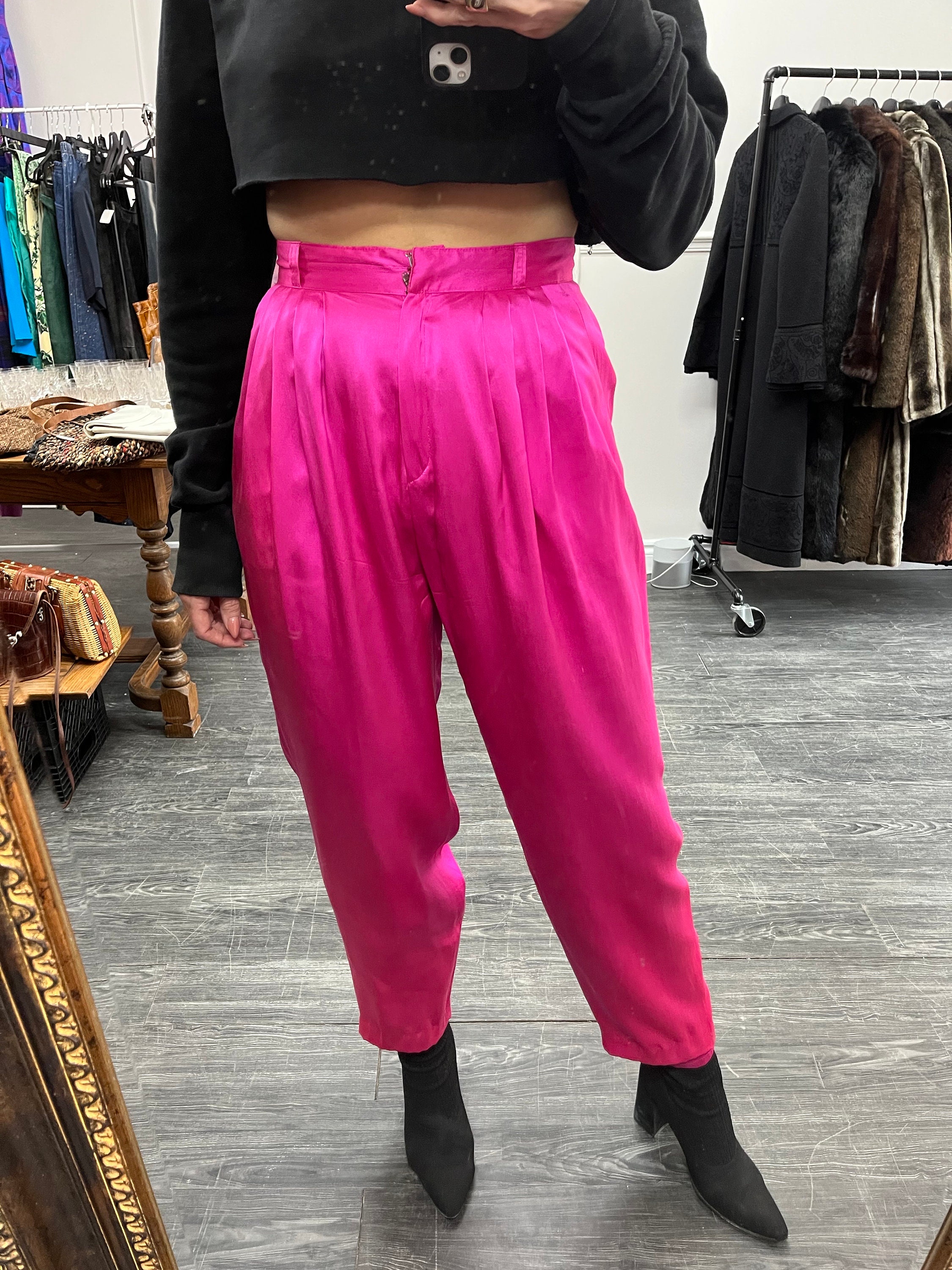 Pink Pants Neon Colors Women Track Pants Vintage 80s Windbreaker Pants  Running Trousers Sporty Athletic Gym Workout Elastic Waist Large Size 