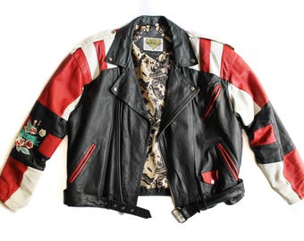 Vintage Biker Jacket with Tattoo on Sleeve sz Lg // Vintage Leather // Men's Motorcycle Jacket // Men's Biker Jacket Large // 80's Vintage