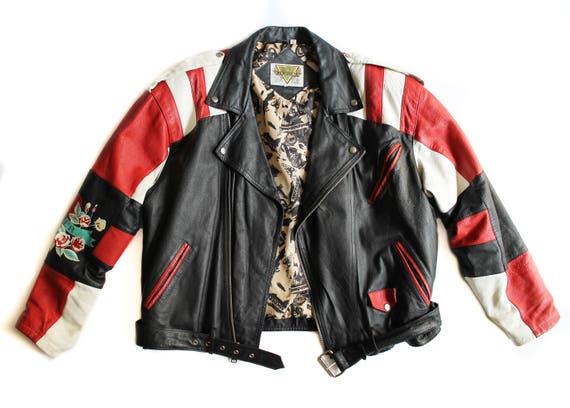 Vintage Biker Jacket with Tattoo on Sleeve sz Lg // Vintage Leather // Men's Motorcycle Jacket // Men's Biker Jacket Large // 80's Vintage