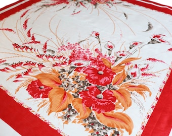 Vintage Red & White Silk Floral Scarf, Large  // Women's Head Scarf // Neck Scarf // Floral Print Silk // Flower Pattern //
