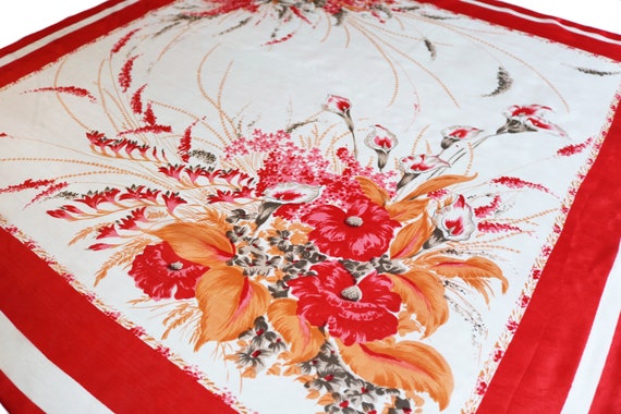 Vintage Red & White Silk Floral Scarf, Large // W