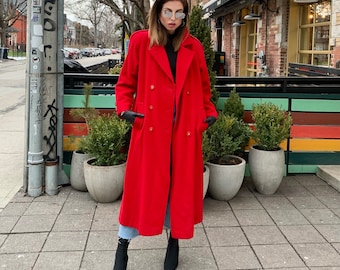 Vintage Red Wool Coat, Medium // Double Breasted Pea Coat // Womens Winter Jacket // Long Wool Jacket