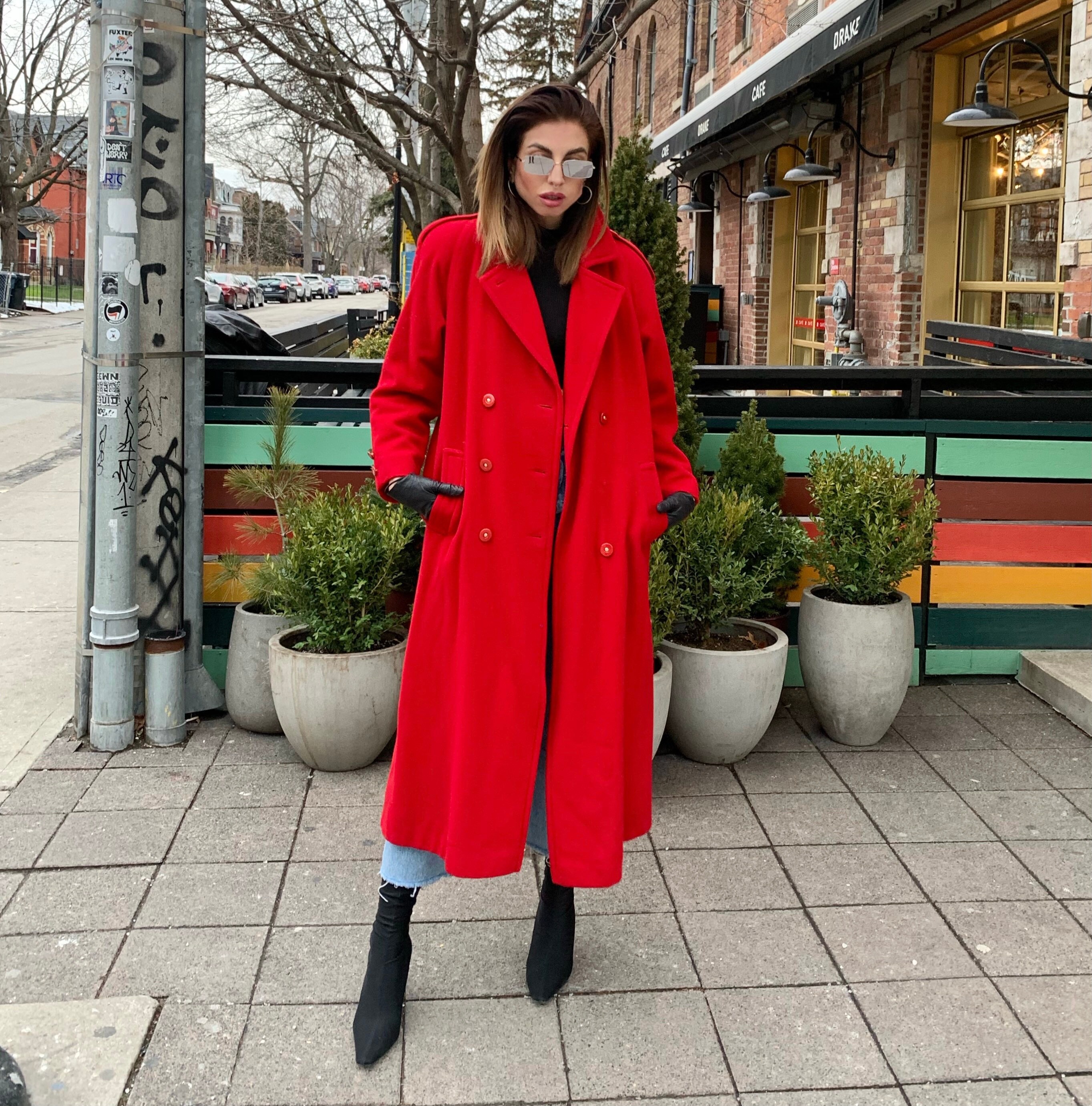 Vintage Red Wool Coat, Medium // Double Breasted Pea Coat